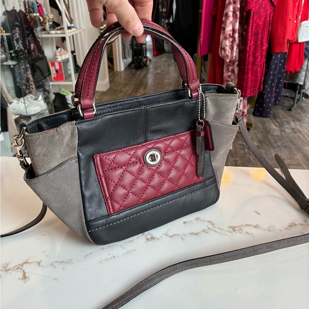 Coach gray and red mini satchel bag with shoulder strap